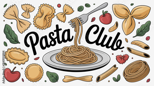 Delicious Pasta Club Illustration with Various Pasta Shapes and Ingredients