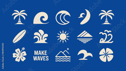 Surf and Beach Icons Set on Blue Background
