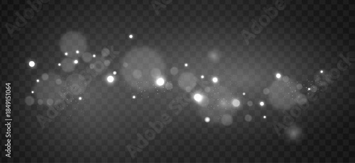 Soft white bokeh light particles with floating glow dust isolated on transparent background