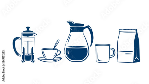 Blue Coffee and Tea Brewing Set with French Press and Mugs