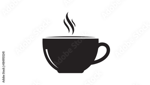 Minimalist black and white silhouette of a steaming coffee cup design for cafe branding or