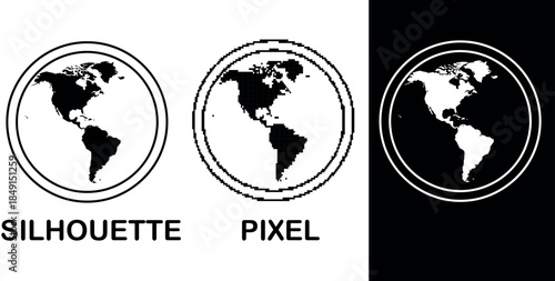 Minimalist black and white pixel earth icon with north and south america silhouette