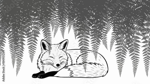 Elegant black and white illustration of a resting fox surrounded by detailed fern leaves nature