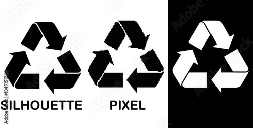 Three black arrows pixel  forming a universal recycling symbol in vector format