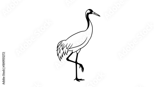 Minimalist black and white illustration of a heron standing with elegant posture on a white