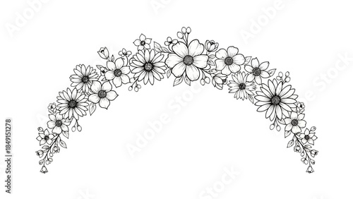 Delicate floral arch design featuring intricately detailed blooming flowers and lush foliage for