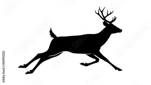 Silhouette of a majestic reindeer in mid-stride with antlers prominently displayed against a white