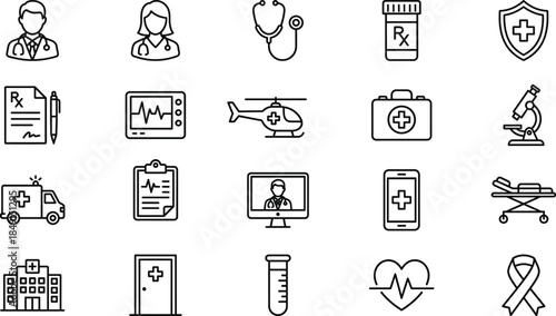 Medical healthcare icon set illustration, hospital doctor nurse emergency treatment medicine telehealth diagnostics line icons collection