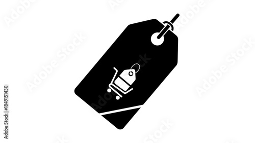 Minimalistic black and white shopping tag icon with trolley and price tag design
