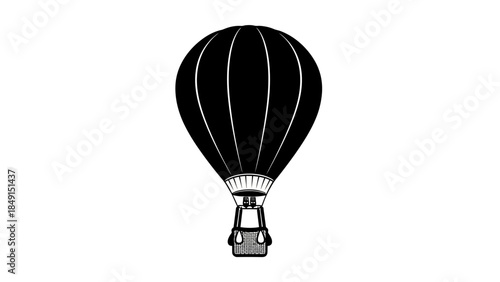 Minimalist Black and White Illustration of a Hot Air Balloon with a Basket in a Simplified Style