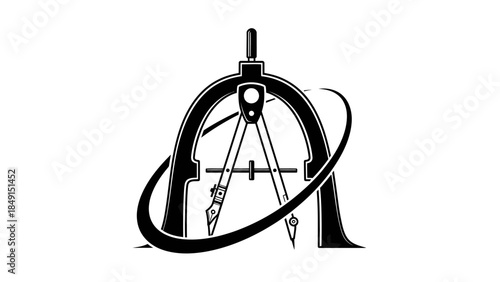 Minimalist black and white digital drawing of a geometric protractor and compass intertwined with