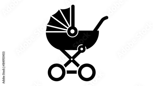 Minimalist black and white icon of a baby stroller with abstract wheel design for childcare and