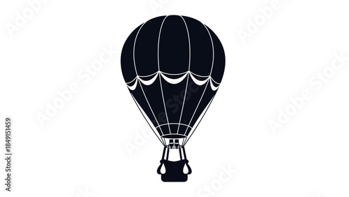 Silhouette of a vintage hot air balloon floating against a stark white background emphasizing