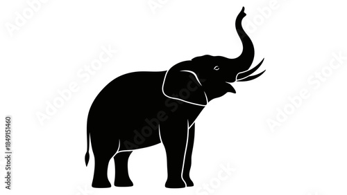 Minimalist Black Silhouette of an Elephant with Elevated Trunk on White Background