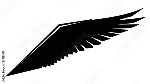 Abstract black wing silhouette with dynamic feather details symbolizing freedom and flight in a