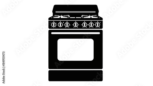 Simplified black and white icon depiction of a modern stovetop with control knobs and oven element