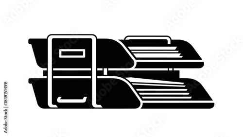 Stack of modern black and white storage files and documents with folders and papers for organized