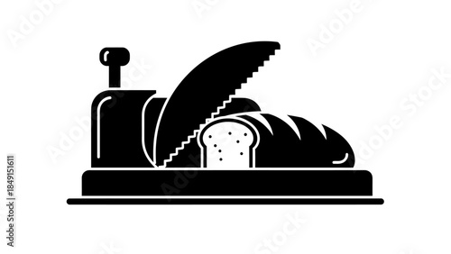 Silhouette Illustration of a Bread Slicing Machine with Loaves and Sliced Bread on a Cutting Board