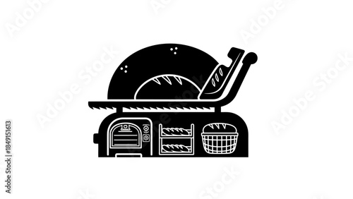 Minimalist Illustration of a Wood-Fired Pizza Oven with Accessories and Baking Tools