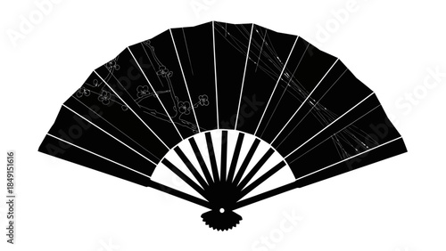 Elegant black folding hand fan with detailed radial design showcasing traditional craftsmanship