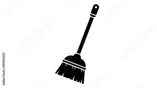 Minimalist Black and White Illustration of a Sweeping Broom with Handle for Cleaning or