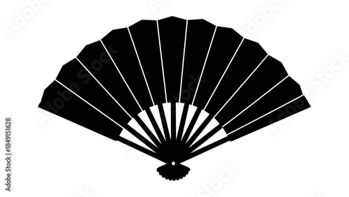 Stylized black hand-held fan with elegant segmented design illustrating cultural heritage