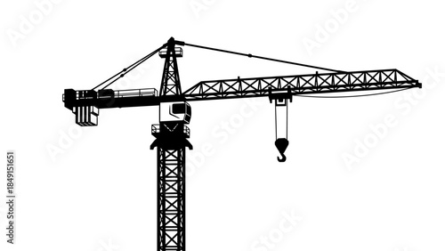 Minimalist black and white silhouette of construction tower crane showcasing industrial architecture