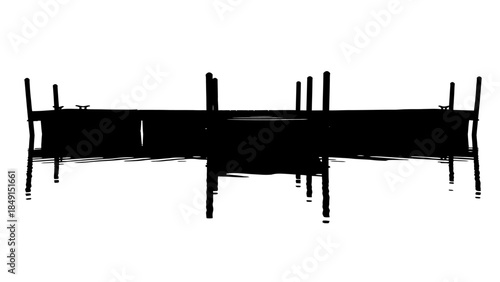 Minimalist Black and White Reflection of a Dock and Wooden Poles Creating Symmetrical Visual Effect