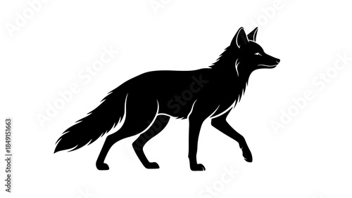 Stylized black silhouette of a resting wolf in profile with detailed fur outline on a white
