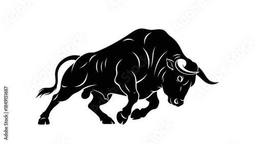 Dynamic Black and White Illustration of Charging Cape Buffalo in Motion with Detailed Anatomy
