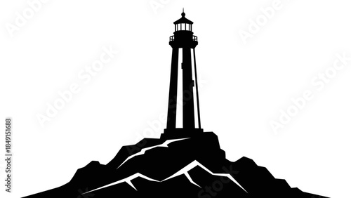 Silhouette of a lighthouse perched atop rugged rocks against a stark white background