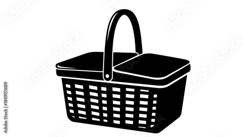 Simple Black and White Illustration of a Classic Shopping Basket with a Handle