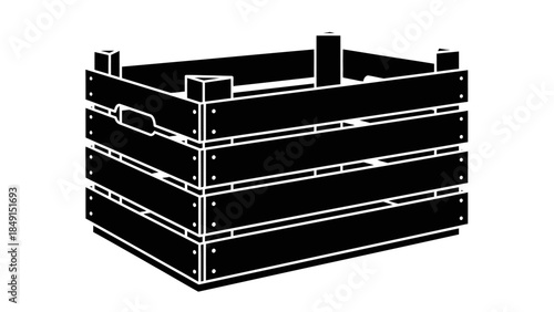 Simple Black and White Illustration of a Wooden Crate with Open Top and Solid Structure