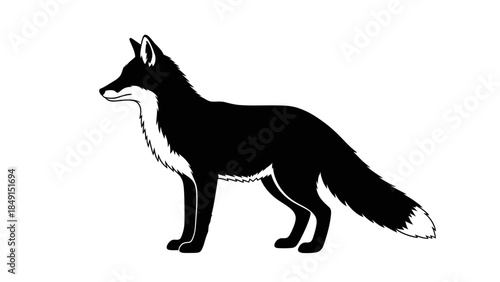 Stylized black and white fox illustration emphasizing sleek fur and alert posture without