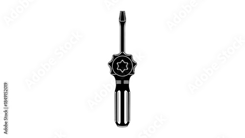 Minimalist monochrome illustration of a flathead screwdriver with detailed handle design