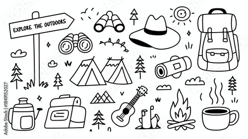 Outdoor Adventure Illustration with Camping and Hiking Gear