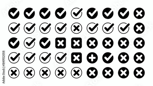 Black and White Checkmark and Cross Symbols Set