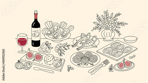 Delicious Seafood Feast with Wine and Fresh Ingredients