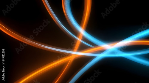 Abstract Light Trails - Orange and Blue Neon Streaks on Black Background.