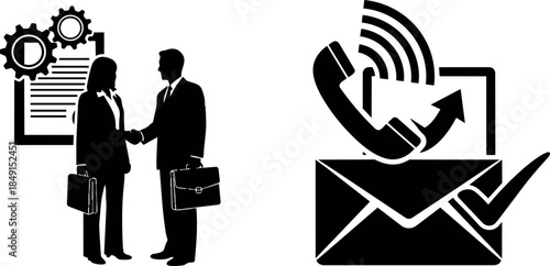Silhouetted businesspeople shaking hands with briefcases and gears icon next to phone envelope and checkmark symbol communication concept