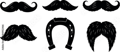 Black silhouette vintage mustache styles set with horseshoe and handlebar shapes isolated on white background vector art collection