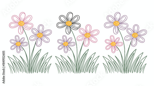 Vibrant Hand-Drawn Daisy Flowers with Green Grass