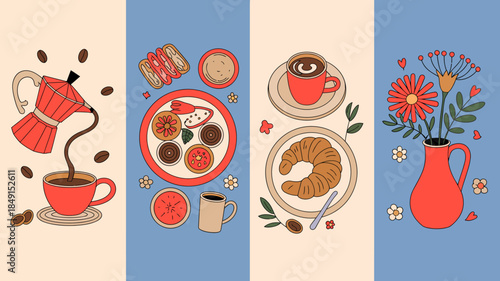 Vibrant Breakfast Scene with Coffee, Pastries, and Fresh Flowers