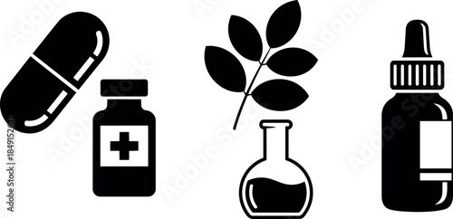Black and white medical icons capsule pill medicine bottle leaf flask dropper vector symbols