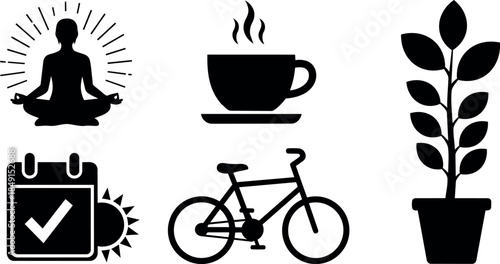 Black silhouette icons meditation man lotus pose coffee cup bicycle calendar checkmark leaves plant pot set
