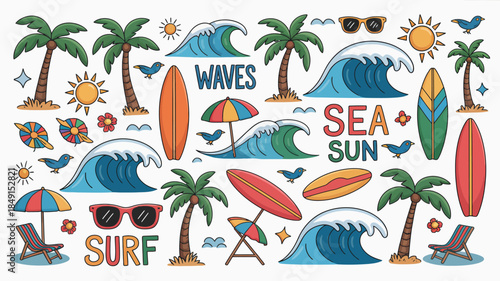 Vibrant Beach Scene with Surfboards, Palm Trees, and Sunny Waves
