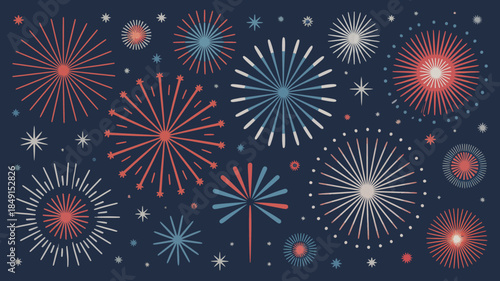 Vibrant Fireworks Display with Red, Blue, and White Explosions