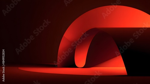 Abstract red paper sculpture with dramatic lighting and shadows, modern art.