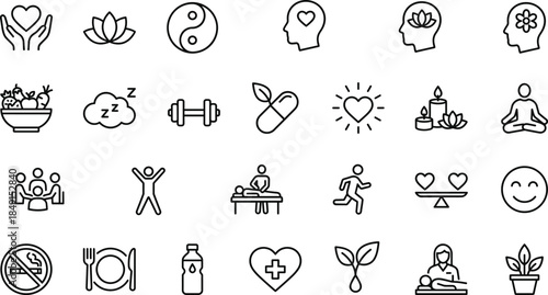 Wellness lifestyle icon set illustration, mental health fitness nutrition mindfulness balance self care meditation holistic wellbeing symbols collection, vector design