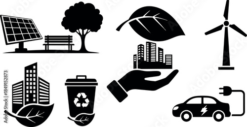 Black eco friendly icons solar panel park bench tree leaf city buildings hand recycling bin wind turbine electric car charging plug set